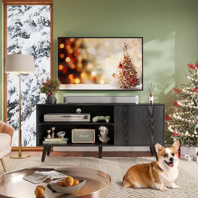 Alt view image 2 of 6 - Eyesoul TV Stand for 55 Inch TVs, Entertainment Center with Storage Cabinet, Mid-Century TV Stands for Living Room and Bedroom, 50" TV Console, Black