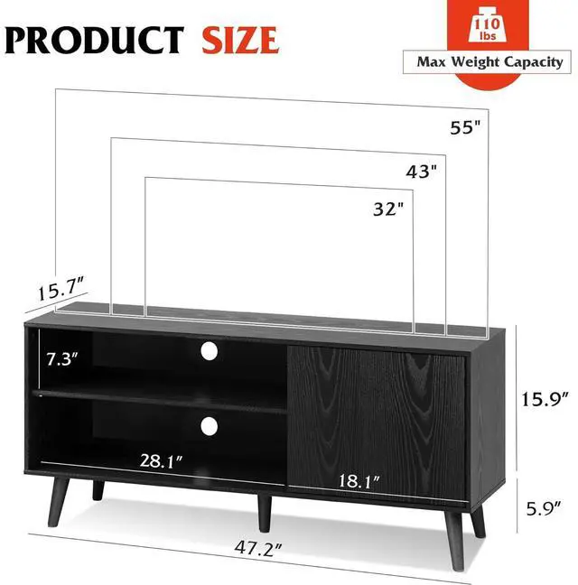 Alt view image 3 of 6 - Eyesoul TV Stand for 55 Inch TVs, Entertainment Center with Storage Cabinet, Mid-Century TV Stands for Living Room and Bedroom, 50" TV Console, Black