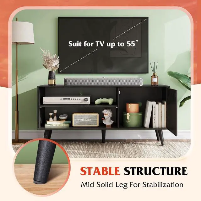Alt view image 6 of 6 - Eyesoul TV Stand for 55 Inch TVs, Entertainment Center with Storage Cabinet, Mid-Century TV Stands for Living Room and Bedroom, 50" TV Console, Black