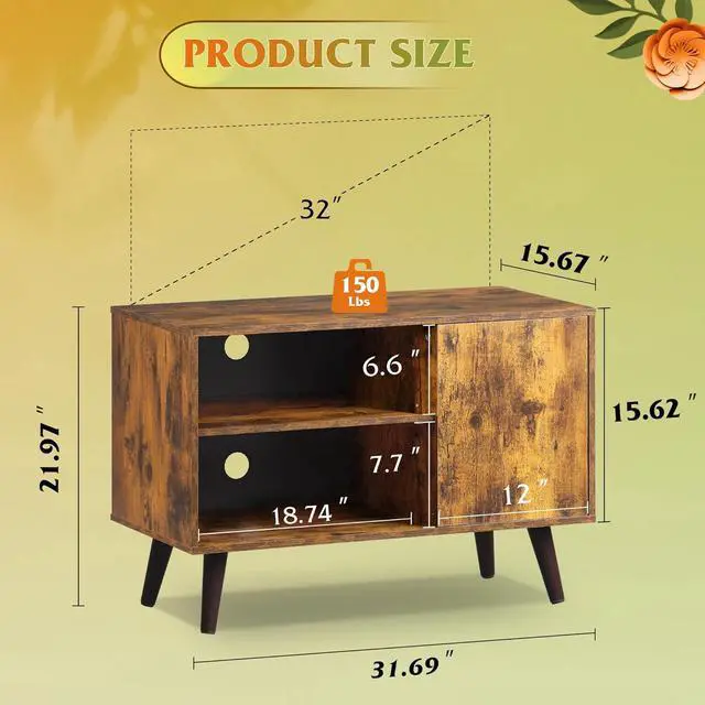 Alt view image 3 of 6 - Eyesoul TV Stand for 40 Inch TVs, Small Entertainment Center with Storage Cabinet, Mid-Century Modern TV Stands for Living Room and Bedroom, 32" TV Console, Brown