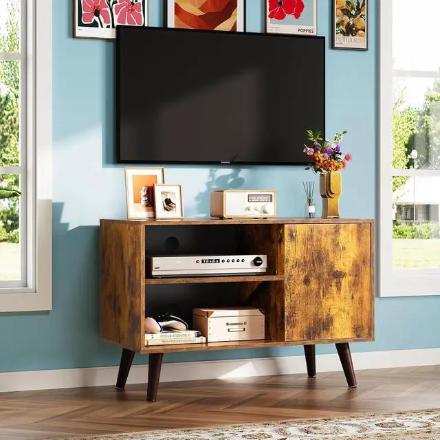 Alt view image 2 of 6 - Eyesoul TV Stand for 40 Inch TVs, Small Entertainment Center with Storage Cabinet, Mid-Century Modern TV Stands for Living Room and Bedroom, 32" TV Console, Brown