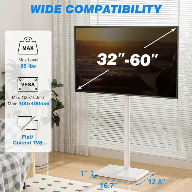 Alt view image 6 of 6 - Eyesoul Swivel Floor TV Stand with Mount for 32-60 inch TVs up to 88 lbs, Height Adjustable Tall TV Stand with Wood Base, Saving Space Design for Bedroom, Living Room and Corner, White