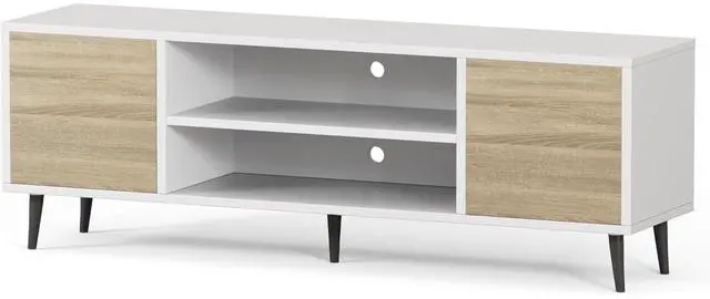 Main image of Eyesoul Modern TV Stand for 65" Television, Entertainment Center with Two Storage Cabinets and Open Shelves, Retro Style Media Console for Living Room, Bedroom, Office, 58 Inch, White & Beige