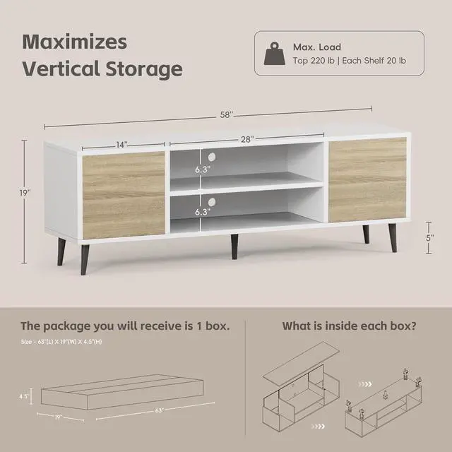 Alt view image 6 of 6 - Eyesoul Modern TV Stand for 65" Television, Entertainment Center with Two Storage Cabinets and Open Shelves, Retro Style Media Console for Living Room, Bedroom, Office, 58 Inch, White & Beige