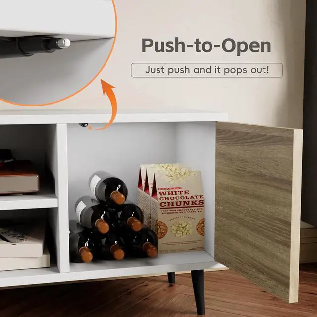 Alt view image 3 of 6 - Eyesoul Modern TV Stand for 65" Television, Entertainment Center with Two Storage Cabinets and Open Shelves, Retro Style Media Console for Living Room, Bedroom, Office, 58 Inch, White & Beige