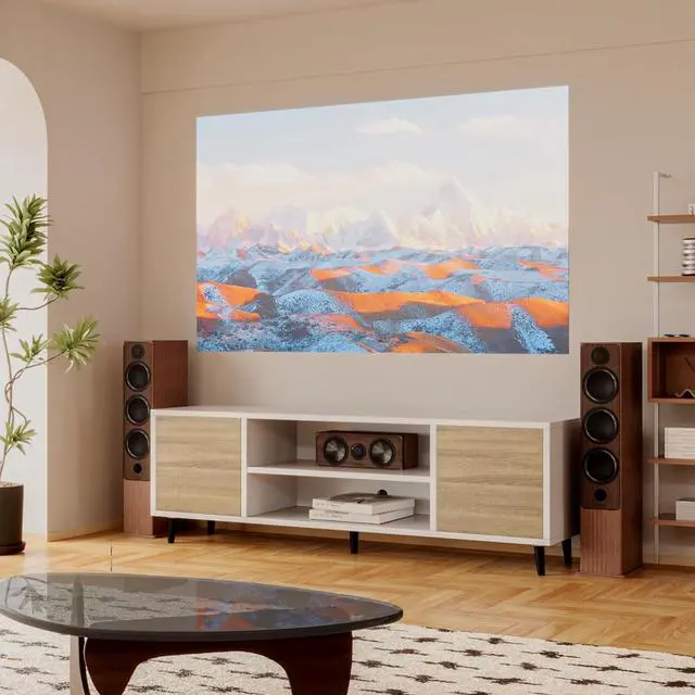 Alt view image 2 of 6 - Eyesoul Modern TV Stand for 65" Television, Entertainment Center with Two Storage Cabinets and Open Shelves, Retro Style Media Console for Living Room, Bedroom, Office, 58 Inch, White & Beige