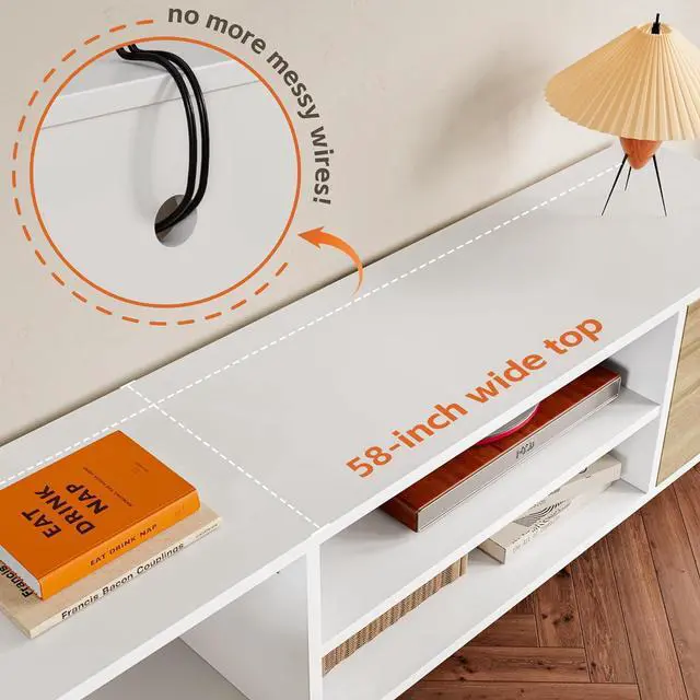 Alt view image 4 of 6 - Eyesoul Modern TV Stand for 65" Television, Entertainment Center with Two Storage Cabinets and Open Shelves, Retro Style Media Console for Living Room, Bedroom, Office, 58 Inch, White & Beige