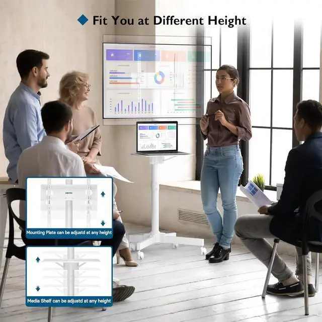 Alt view image 3 of 6 - Eyesoul Mobile TV Stand for 23-60 Inch TVs, Rolling TV Stand with Locking Wheels, Adjustable Height, Media Shelf, Max VESA 400x400mm, Holds Up to 88lbs