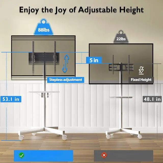 Alt view image 2 of 6 - Eyesoul Mobile TV Stand for 23-60 Inch TVs, Rolling TV Stand with Locking Wheels, Adjustable Height, Media Shelf, Max VESA 400x400mm, Holds Up to 88lbs