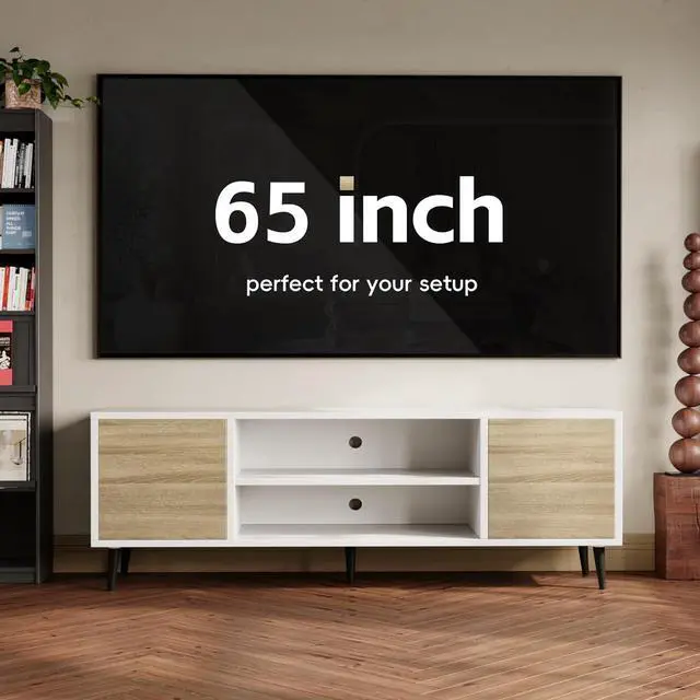 Alt view image 5 of 6 - Eyesoul Modern TV Stand for 65" Television, Entertainment Center with Two Storage Cabinets and Open Shelves, Retro Style Media Console for Living Room, Bedroom, Office, 58 Inch, White & Beige