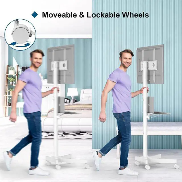 Alt view image 5 of 6 - Eyesoul Mobile TV Stand for 23-60 Inch TVs, Rolling TV Stand with Locking Wheels, Adjustable Height, Media Shelf, Max VESA 400x400mm, Holds Up to 88lbs
