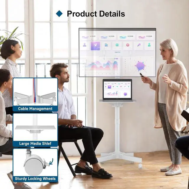 Alt view image 4 of 6 - Eyesoul Mobile TV Stand for 23-60 Inch TVs, Rolling TV Stand with Locking Wheels, Adjustable Height, Media Shelf, Max VESA 400x400mm, Holds Up to 88lbs