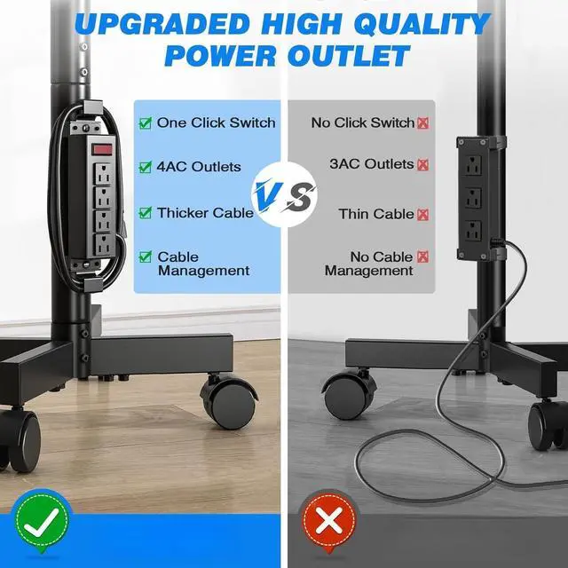 Alt view image 3 of 6 - Eyesoul Mobile TV Cart with Power Outlet, Rolling TV Stand for 23-60 Inch LCD LED OLED Flat Panel Curved Screen TVs up to 88 lbs, Height Adjustable Portable TV Stand with Wheels, Max VESA 400x400mm