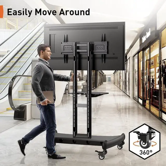 Alt view image 3 of 6 - Eyesoul Mobile TV Cart for 32-82 Inch Flat/Curved LED/LCD/OLED TVs Rolling TV Stand with Height Adjustable Shelf Max VESA 600x400mm up to 100lbs- Outdoor TV Stand Trolley with Wheels PGTVMC05-1