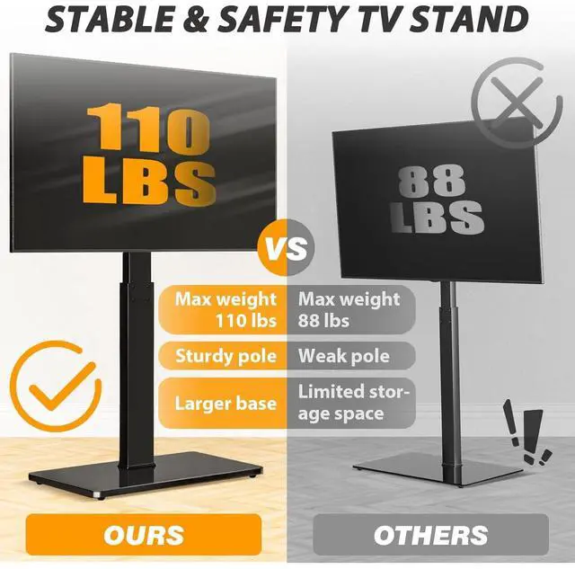 Alt view image 2 of 6 - Eyesoul TAVR Universal Floor TV Stand Base for 32-75 Inch TVs up to 110 Lbs with Swivel Height Adjustable Mount, Black Tempered Glass Base for Media Storage and Space Saving