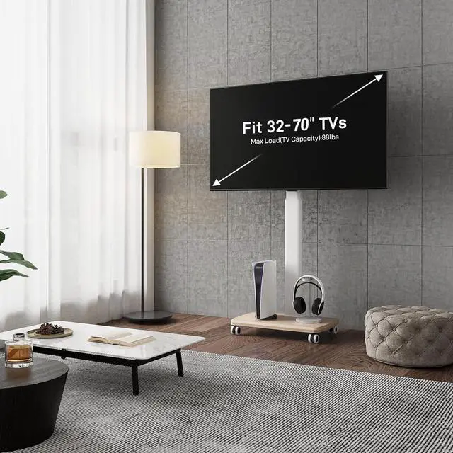 Alt view image 2 of 6 - Eyesoul Rolling TV Stand for 32 to 65 70 Inch TVs, Portable Mobile TV Cart on Wheels, Tall Universal TV Floor Stands with Swivel Mount, Fit Corner, Bedroom, Living Room, Small Dorm (White)