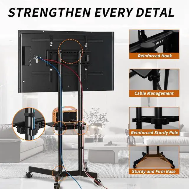 Alt view image 6 of 6 - Eyesoul Solid Grace Rolling TV Stand with Wheels for 32-75 Inch TVs up to 88lbs, Portable TV Stand with Shelf, Mobile TV Cart for Living Room, Office, Meeting Room, Outdoor