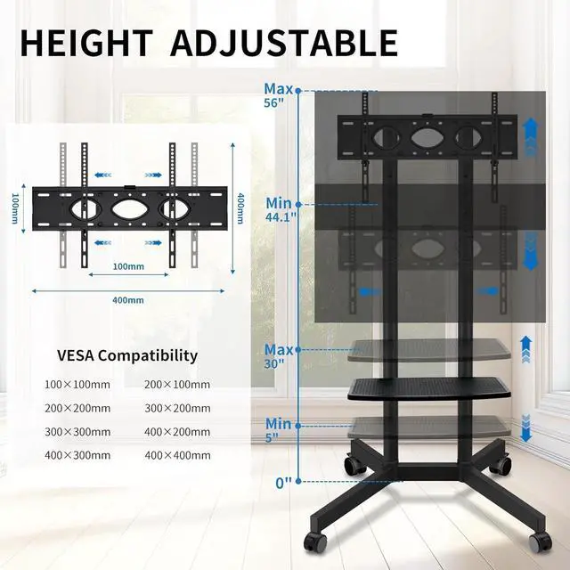 Alt view image 5 of 6 - Eyesoul Solid Grace Rolling TV Stand with Wheels for 32-75 Inch TVs up to 88lbs, Portable TV Stand with Shelf, Mobile TV Cart for Living Room, Office, Meeting Room, Outdoor