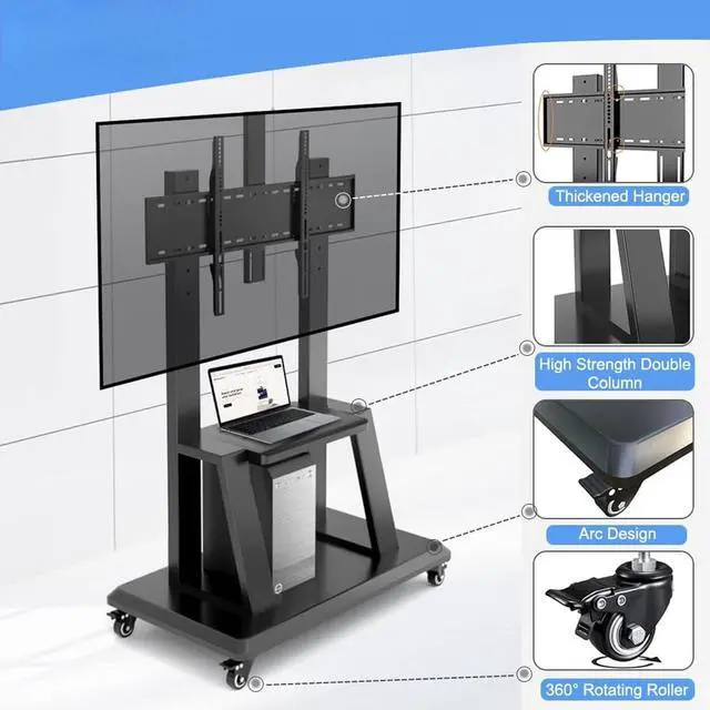 Alt view image 3 of 6 - Eyesoul Mobile TV Stand,Rolling TVs Cart on Wheels Height Adjustable Heavy-Duty Floor Stand Base for 32-75 Inch LCD LED OLED Flat Panel Screens Smartboard Movable Holds up to 220lbs with Shelf