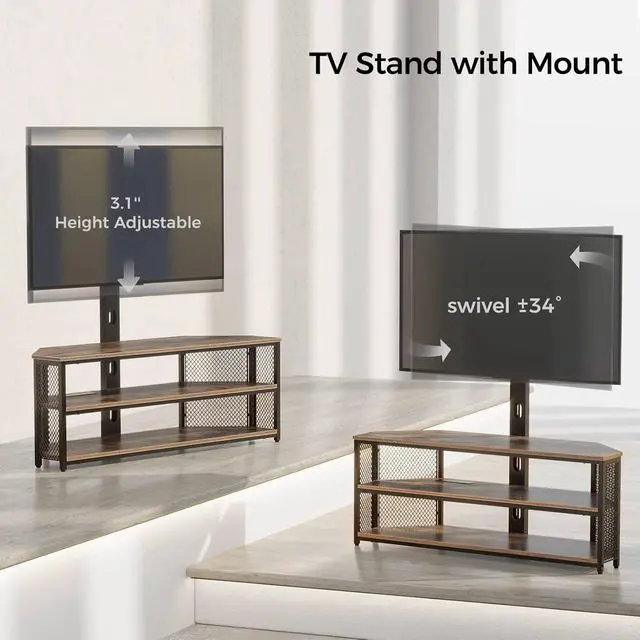 Alt view image 5 of 6 - Eyesoul TV Stand with Mount and Power Outlet, Swivel TV Stand Mount with LED Lights for 32/45/55/60/65/70 inch TVs, Rustic Brown Entertainment Center Media Console with Height Adjustable Mount