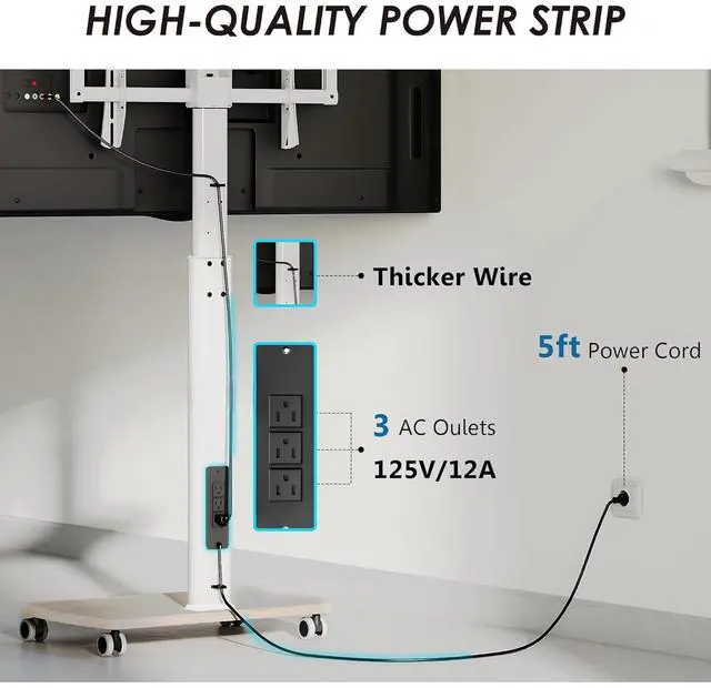 Alt view image 3 of 6 - Eyesoul Rolling TV Stand with Power Outlets, Swivel Portable TV Stand for 32-70 Inch LCD LED OLED Flat/Curved Panel Screen TVs, Height Adjustable&Wood Base, Mobile TV Cart Holds up to 88Lbs