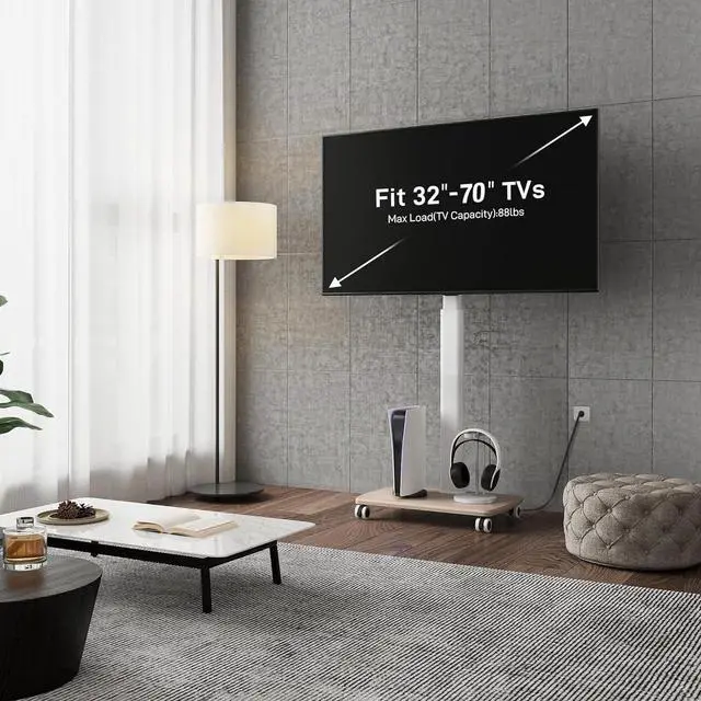 Alt view image 4 of 6 - Eyesoul Rolling TV Stand with Power Outlets, Swivel Portable TV Stand for 32-70 Inch LCD LED OLED Flat/Curved Panel Screen TVs, Height Adjustable&Wood Base, Mobile TV Cart Holds up to 88Lbs