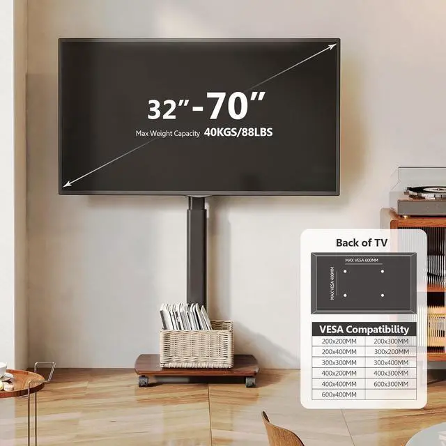 Alt view image 2 of 6 - Eyesoul Rolling TV Stand for 32 to 65 70 Inch TVs, Portable Mobile TV Cart on Wheels, Tall Universal Floor Stands with Swivel Mount, Fit Corner, Bedroom, Living Room, Small Dorm, Walnut Black