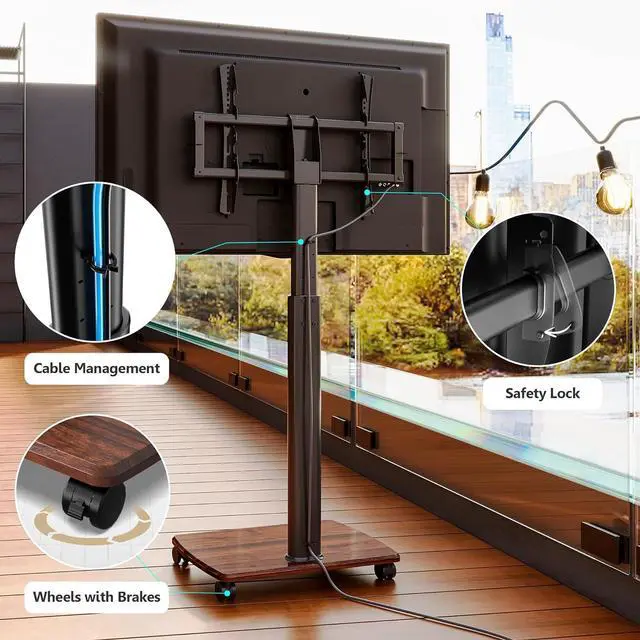 Alt view image 5 of 6 - Eyesoul Rolling TV Stand for 32 to 65 70 Inch TVs, Portable Mobile TV Cart on Wheels, Tall Universal Floor Stands with Swivel Mount, Fit Corner, Bedroom, Living Room, Small Dorm, Walnut Black