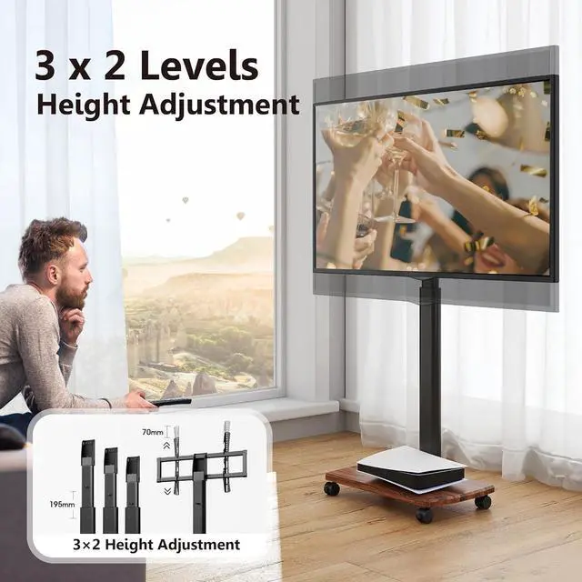 Alt view image 4 of 6 - Eyesoul Rolling TV Stand for 32 to 65 70 Inch TVs, Portable Mobile TV Cart on Wheels, Tall Universal Floor Stands with Swivel Mount, Fit Corner, Bedroom, Living Room, Small Dorm, Walnut Black