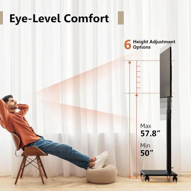 Alt view image 4 of 6 - Eyesoul Rolling TV Floor Stand for 32 to 65 70 Inch TVs, Portable Tall TV Stand on Wheels, Black Mobile TV Cart with Castors, Swivel Mount, Corner TV Stands for Bedroom, Living Room, Small Dorm