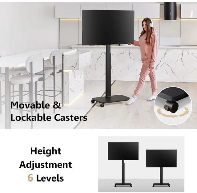 Alt view image 5 of 6 - Eyesoul Rolling TV Floor Stand for 32 to 65 70 Inch TVs, Portable Tall TV Stand on Wheels, Black Mobile TV Cart with Castors, Swivel Mount, Corner TV Stands for Bedroom, Living Room, Small Dorm