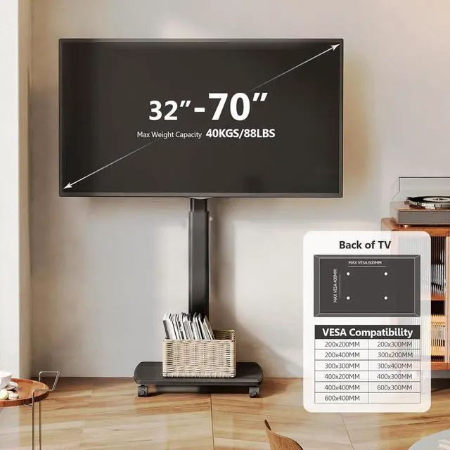 Alt view image 2 of 6 - Eyesoul Rolling TV Floor Stand for 32 to 65 70 Inch TVs, Portable Tall TV Stand on Wheels, Black Mobile TV Cart with Castors, Swivel Mount, Corner TV Stands for Bedroom, Living Room, Small Dorm