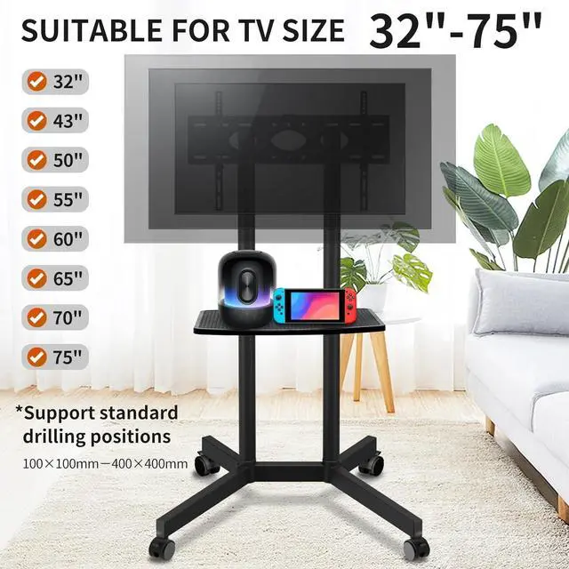 Alt view image 3 of 6 - Eyesoul Rolling TV Stand with Wheels for 32-75 Inch TVs up to 88lbs, Portable TV Stand with Shelf, Mobile TV Cart for Living Room, Office, Meeting Room, OutdoorMT2007 Upgrade Version