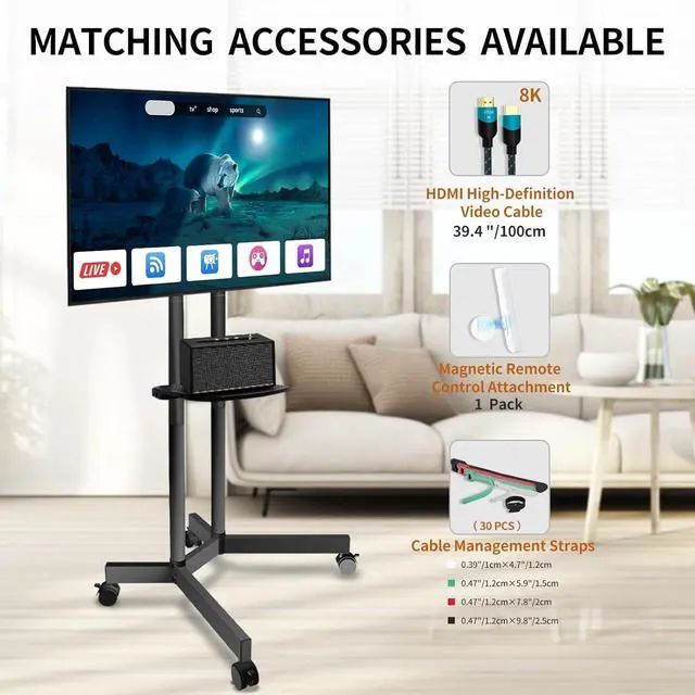 Alt view image 2 of 6 - Eyesoul Rolling TV Stand with Wheels for 32-75 Inch TVs up to 88lbs, Portable TV Stand with Shelf, Mobile TV Cart for Living Room, Office, Meeting Room, OutdoorMT2007 Upgrade Version