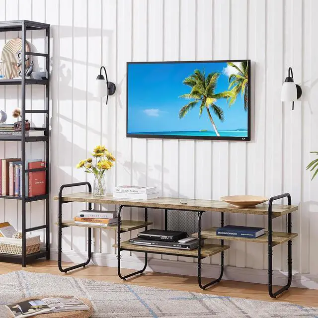 Alt view image 2 of 6 - Eyesoul 75 inch TV Stand,TV Cabinet with 3-Tier Open Shelves,Vintage Wooden Style TV Console Table Entertainment Center for Living Room,Bedroom,Easy Assembly, fits up to 80 inch TV