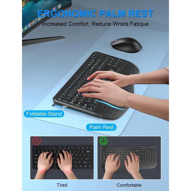 Alt view image 2 of 6 - Eyesoul Wireless Keyboard and Mouse Combo,  2.4G Full-Sized Ergonomic Computer Keyboard with Wrist Rest and 3 Level DPI Adjustable Wireless Mouse for Windows, Mac OS Desktop/Laptop/PC (Carbon Black)