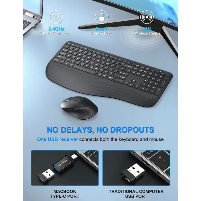 Alt view image 3 of 6 - Eyesoul Wireless Keyboard and Mouse Combo,  2.4G Full-Sized Ergonomic Computer Keyboard with Wrist Rest and 3 Level DPI Adjustable Wireless Mouse for Windows, Mac OS Desktop/Laptop/PC (Carbon Black)