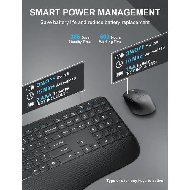 Alt view image 4 of 6 - Eyesoul Wireless Keyboard and Mouse Combo,  2.4G Full-Sized Ergonomic Computer Keyboard with Wrist Rest and 3 Level DPI Adjustable Wireless Mouse for Windows, Mac OS Desktop/Laptop/PC (Carbon Black)