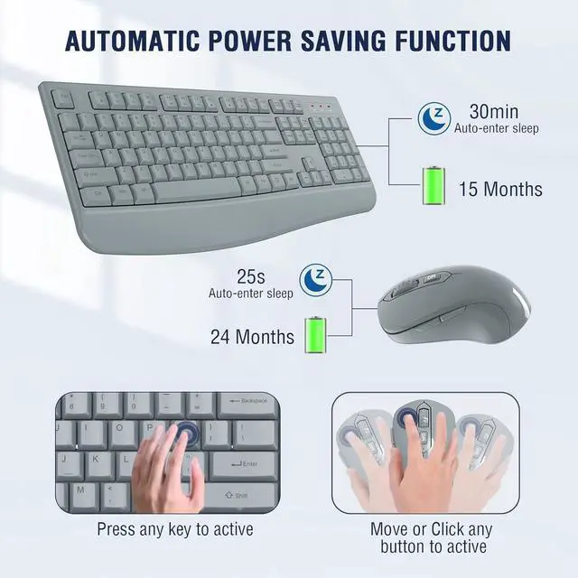 Alt view image 2 of 6 - Eyesoul Wireless Keyboard and Mouse Combo,  2.4G Full-Sized Ergonomic Computer Keyboard with Wrist Rest and 3 Level DPI Adjustable Wireless Mouse for Windows, Mac OS Desktop/Laptop/PC(Grey)