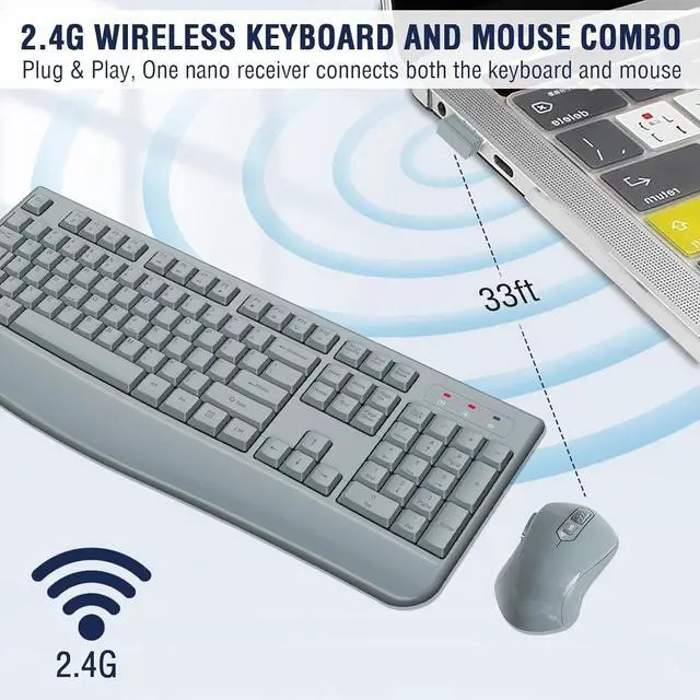 Alt view image 3 of 6 - Eyesoul Wireless Keyboard and Mouse Combo,  2.4G Full-Sized Ergonomic Computer Keyboard with Wrist Rest and 3 Level DPI Adjustable Wireless Mouse for Windows, Mac OS Desktop/Laptop/PC(Grey)