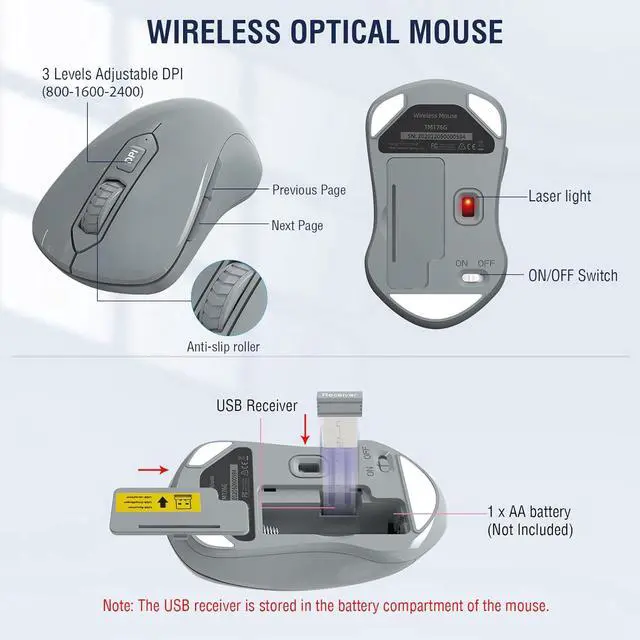 Alt view image 5 of 6 - Eyesoul Wireless Keyboard and Mouse Combo,  2.4G Full-Sized Ergonomic Computer Keyboard with Wrist Rest and 3 Level DPI Adjustable Wireless Mouse for Windows, Mac OS Desktop/Laptop/PC(Grey)