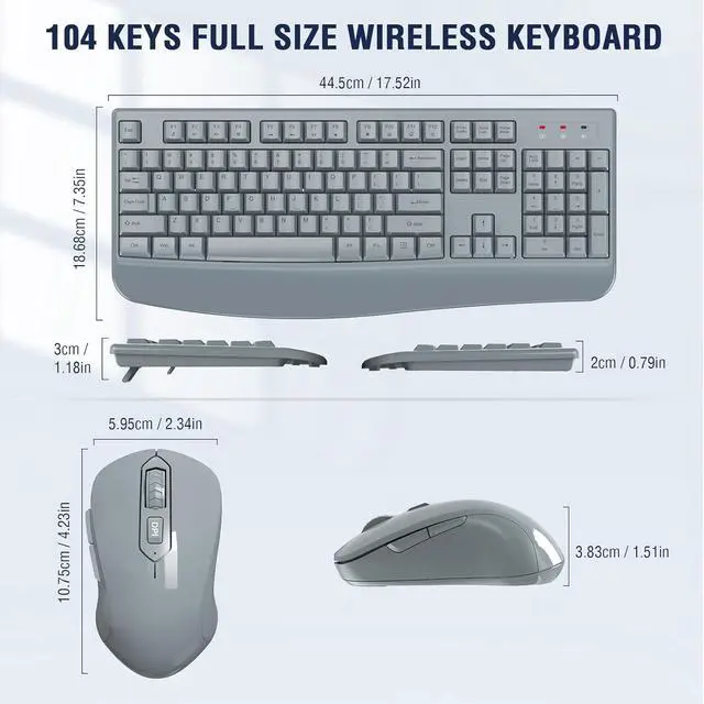 Alt view image 6 of 6 - Eyesoul Wireless Keyboard and Mouse Combo,  2.4G Full-Sized Ergonomic Computer Keyboard with Wrist Rest and 3 Level DPI Adjustable Wireless Mouse for Windows, Mac OS Desktop/Laptop/PC(Grey)