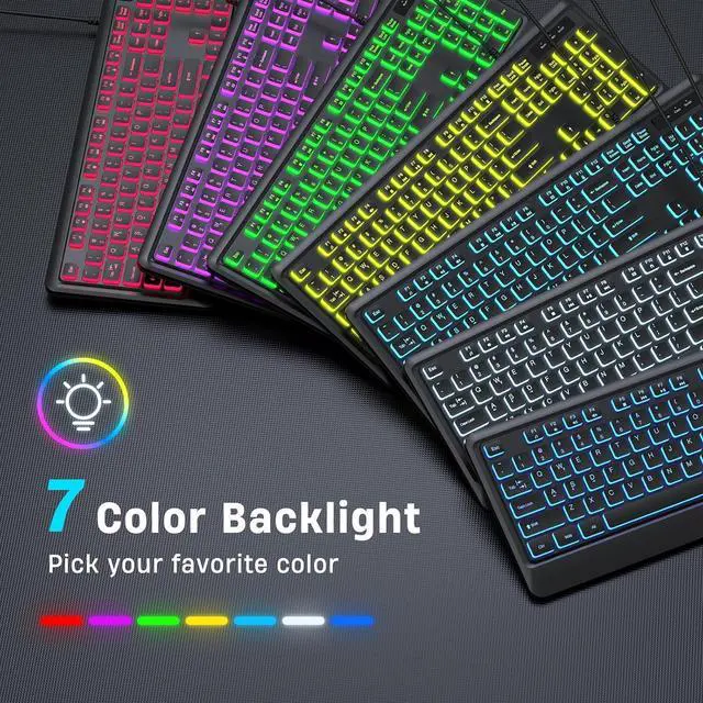 Alt view image 2 of 6 - Eyesoul Backlit Computer Keyboards, Wired USB LED Keyboard with 7 Colors Backlight, Plug and Play, Waterproof, Full Size Quiet Computer Keyboard for Windows Desktop, PC, Laptop, Gaming