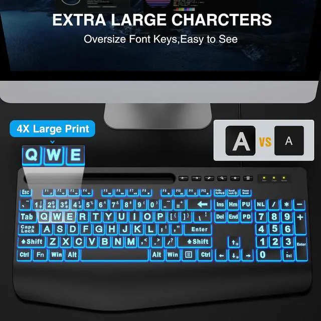 Alt view image 2 of 6 - Eyesoul Large Print Backlit Keyboard, Wired USB Computer Keyboards with 7-Colors Backlight, Wrist Rest, Phone Holder, Oversized Letter Keys Easy to See and Type for Laptop, PC, Windows, Black