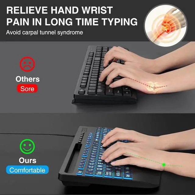 Alt view image 4 of 6 - Eyesoul Large Print Backlit Keyboard, Wired USB Computer Keyboards with 7-Colors Backlight, Wrist Rest, Phone Holder, Oversized Letter Keys Easy to See and Type for Laptop, PC, Windows, Black