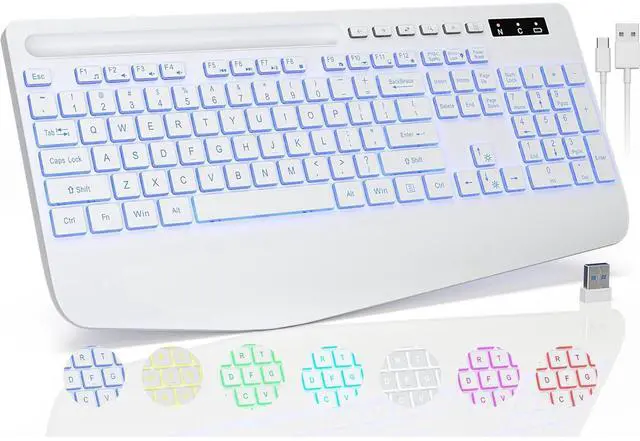 Main image of Eyesoul Wireless Keyboard with 7 Colored Backlits, Phone Holder, Wrist Rest, Rechargeable Ergonomic Keyboard with Silent Light Up Keys, Cordless Computer Keyboard for Windows, Mac, Laptop - (White)