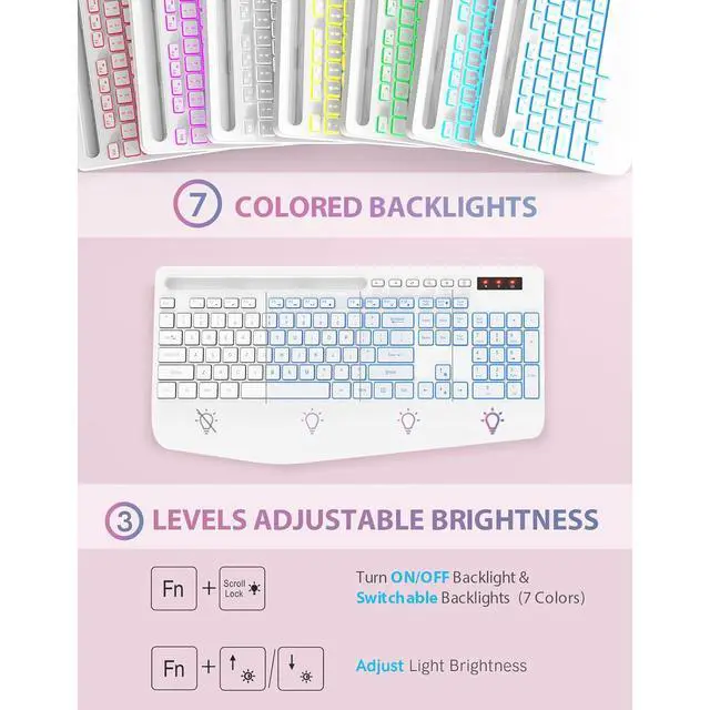 Alt view image 2 of 6 - Eyesoul Wireless Keyboard with 7 Colored Backlits, Phone Holder, Wrist Rest, Rechargeable Ergonomic Keyboard with Silent Light Up Keys, Cordless Computer Keyboard for Windows, Mac, Laptop - (White)