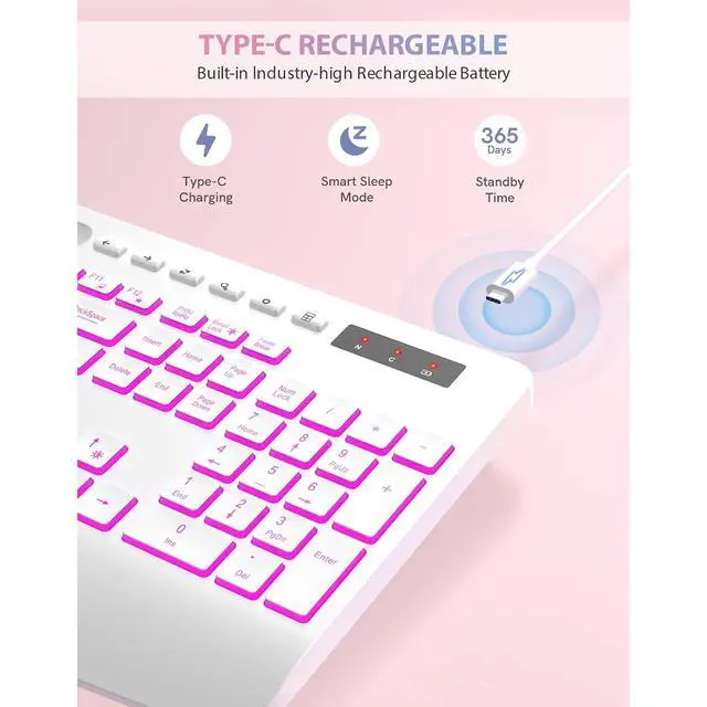 Alt view image 4 of 6 - Eyesoul Wireless Keyboard with 7 Colored Backlits, Phone Holder, Wrist Rest, Rechargeable Ergonomic Keyboard with Silent Light Up Keys, Cordless Computer Keyboard for Windows, Mac, Laptop - (White)