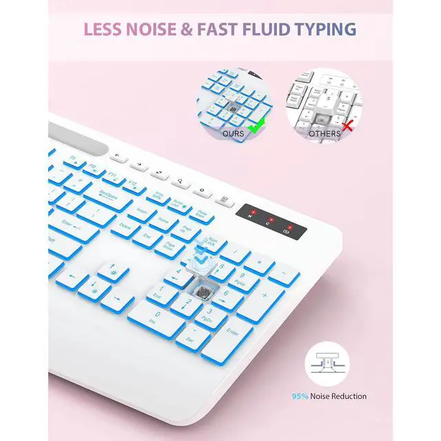 Alt view image 6 of 6 - Eyesoul Wireless Keyboard with 7 Colored Backlits, Phone Holder, Wrist Rest, Rechargeable Ergonomic Keyboard with Silent Light Up Keys, Cordless Computer Keyboard for Windows, Mac, Laptop - (White)