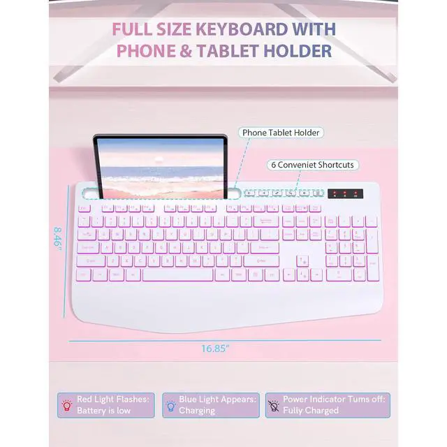 Alt view image 5 of 6 - Eyesoul Wireless Keyboard with 7 Colored Backlits, Phone Holder, Wrist Rest, Rechargeable Ergonomic Keyboard with Silent Light Up Keys, Cordless Computer Keyboard for Windows, Mac, Laptop - (White)